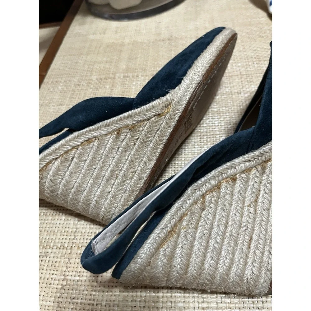 Michael Kors‎ Blue Suede Leather 7.5 Peep Toe Sling Back Wedge Espadrille Heels
